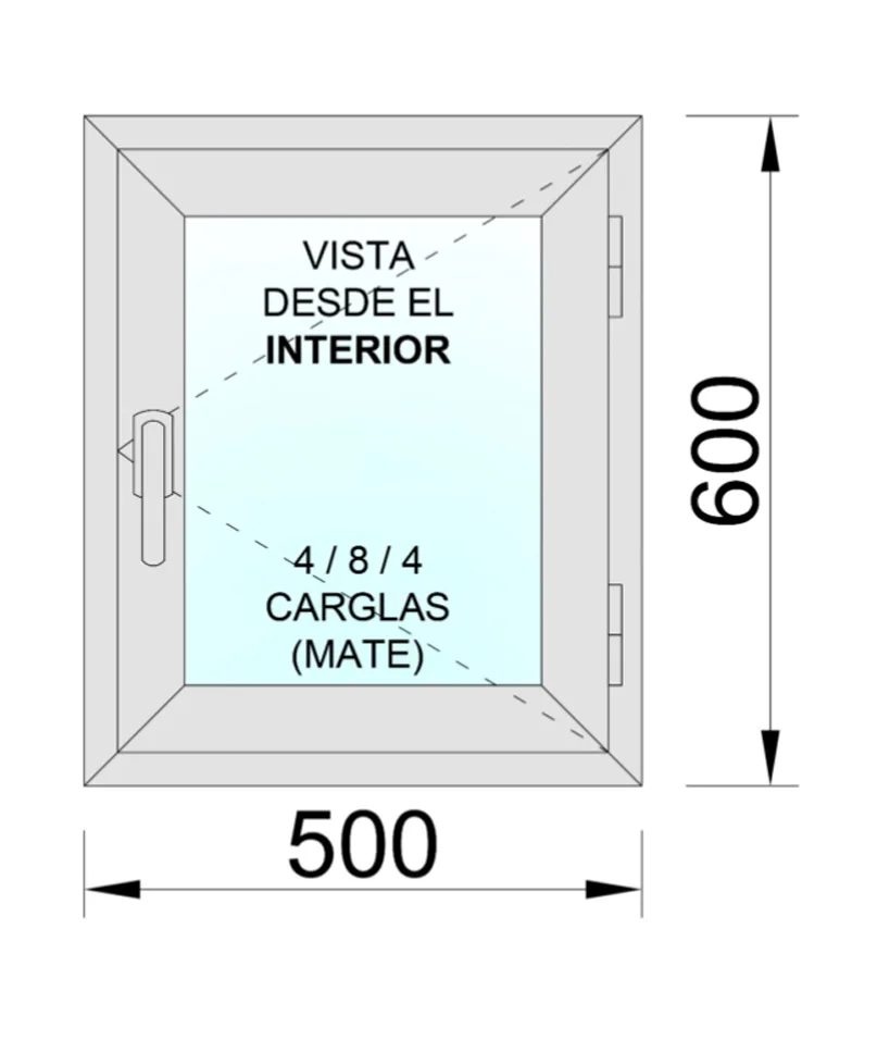 Ventana Aluminio Practicable Derecha 500x600 1h. cristal mate - Imagen 2