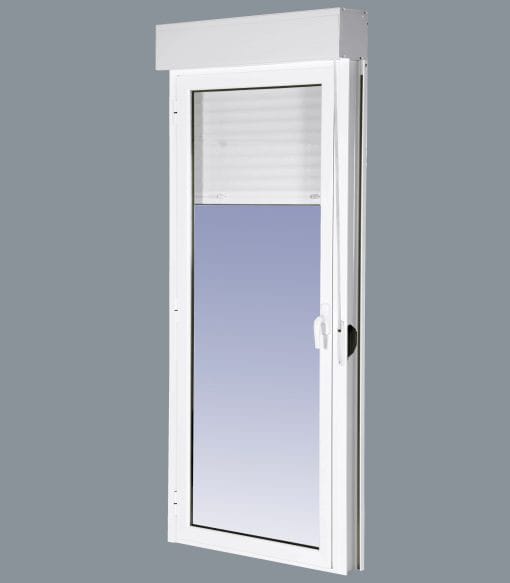 Links angeschlagene Aluminium-Fenstertür mit PVC-Rollläden 882x2185 1h (Führungen und Rollladenkasten im Bausatz) – Bild 3