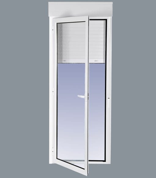 Links angeschlagene Aluminium-Fenstertür mit PVC-Rollläden 882x2185 1h (Führungen und Rollladenkasten im Bausatz) – Bild 4