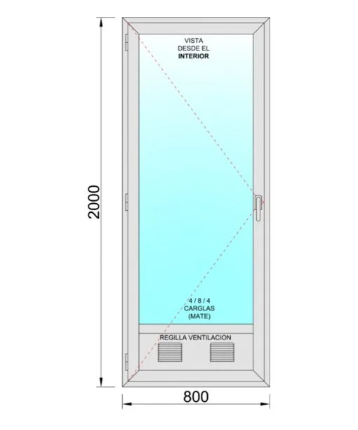Puerta Balconera Aluminio Practicable Izquierda 800X2000 1h con Rejilla y cristal mate - Imagen 2