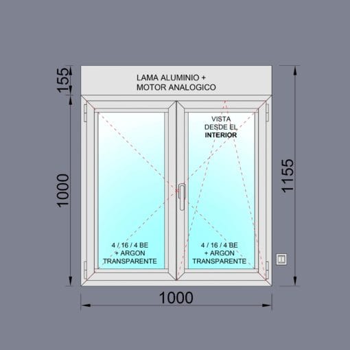 Ventana Aluminio RPT 45 Practicable Oscilobatiente 1000X1155  2 hojas con persiana motorizada y lamas de aluminio - Imagen 2