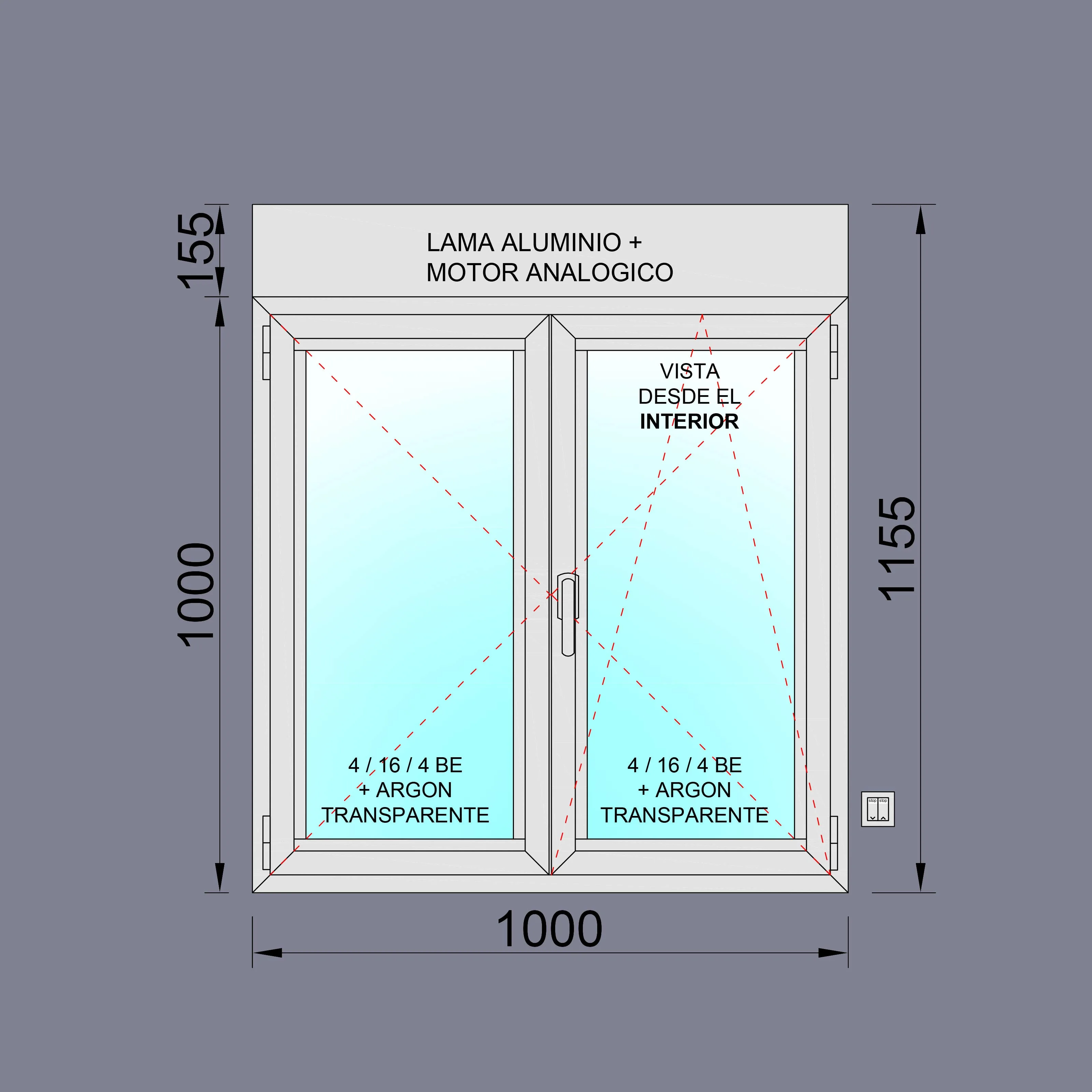 Ventana Aluminio RPT 45 Practicable Oscilobatiente 1000X1155  2 hojas con persiana motorizada y lamas de aluminio - Imagen 2
