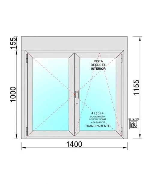 Ventana PVC Practicable Oscilobatiente 2 hojas con Persiana Motorizada 1400X1155 con Mosquitera Enrollable - Imagen 2